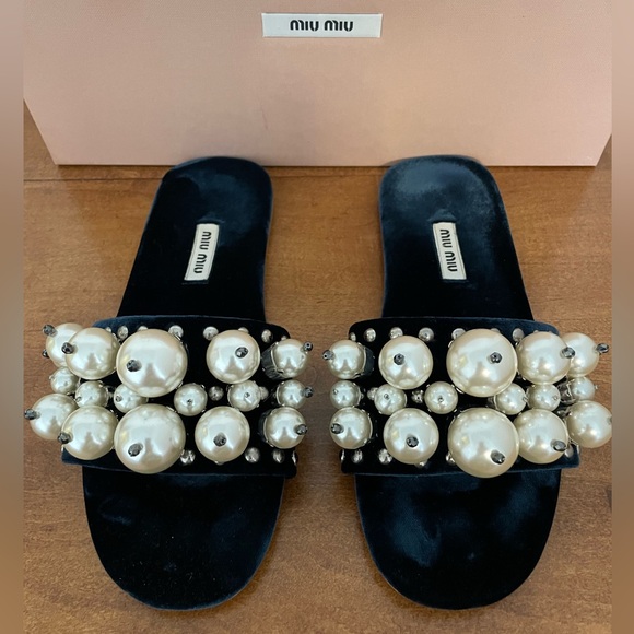 Miu Miu Velvet Pearl Slides Turquoise 36.5 - Picture 2 of 5